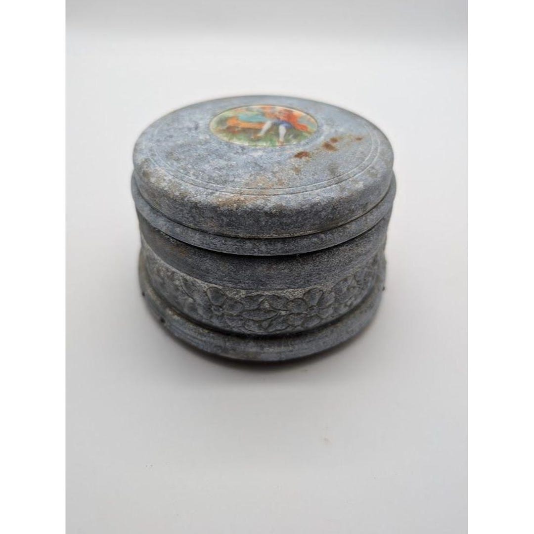 Powder Music Box Antique Victorian Lidded Aluminum Powder Music Box WORKS Trinket ...