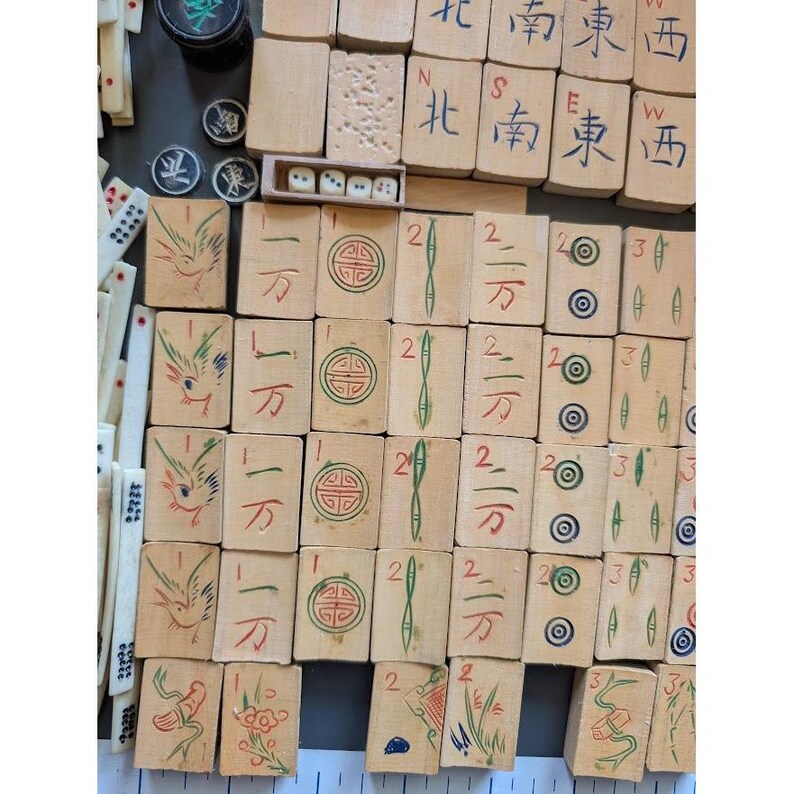 Antique 20s Admiral Mahjong Set Bone Bamboo Tiles Sticks Tin Box Hand Carved image 13