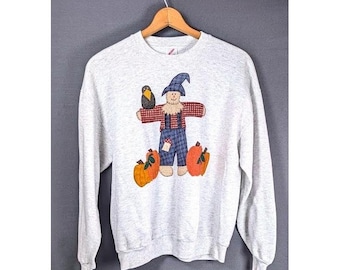 Sudadera vintage Jerzees con estampado de espantapájaros y calabaza, talla XL, cuello redondo, estilo cottagecore, fabricada en EE. UU.