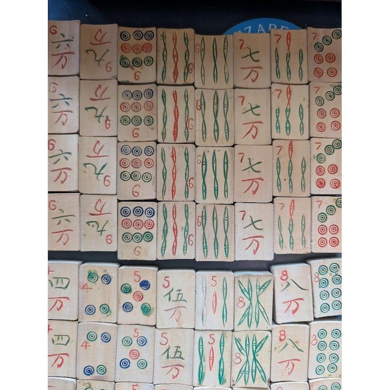 Antique 20s Admiral Mahjong Set Bone Bamboo Tiles Sticks Tin Box Hand Carved image 9