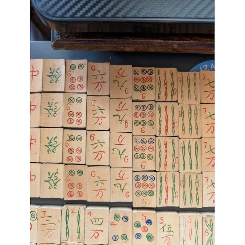 Antique 20s Admiral Mahjong Set Bone Bamboo Tiles Sticks Tin Box Hand Carved image 8