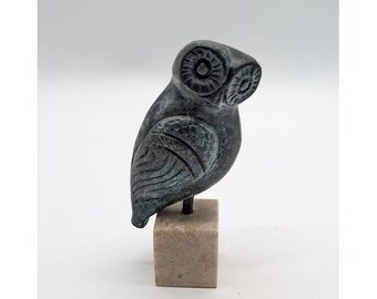 Greek Owl Figurine 3.5" Verdigris Bronze Marble Base Athena Wisdom Education
