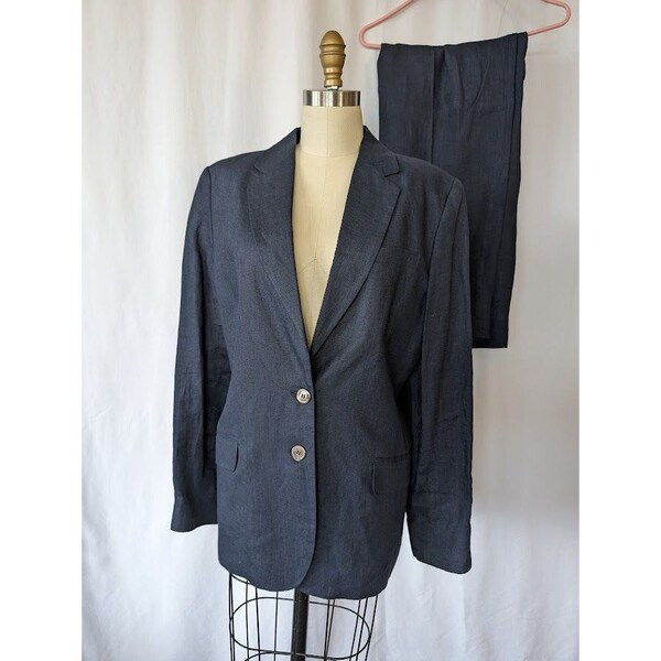 Women's Valerie Stevens 100% Pure Linen Suit Set Size 14 Blue Pleat Pants Jacket