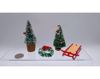 1:12 Miniature Christmas Village Accessory Set Bottle Brush Tree Wreath Red Sled