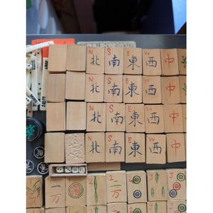 Antique 20s Admiral Mahjong Set Bone Bamboo Tiles Sticks Tin Box Hand Carved image 7