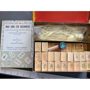 Antique 20s Admiral Mahjong Set Bone Bamboo Tiles Sticks Tin Box Hand Carved image 18