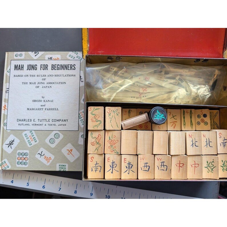 Antique 20s Admiral Mahjong Set Bone Bamboo Tiles Sticks Tin Box Hand Carved image 18