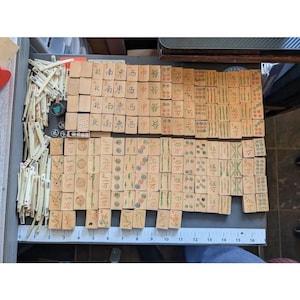 Antique 20s Admiral Mahjong Set Bone Bamboo Tiles Sticks Tin Box Hand Carved image 5