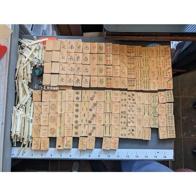 Antique 20s Admiral Mahjong Set Bone Bamboo Tiles Sticks Tin Box Hand Carved image 5