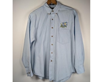 Vintage 90s Denim Button Down Shirt Size Medium Floral Embroidered Cottagecore