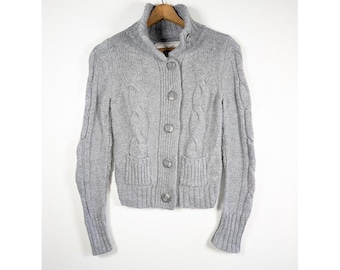 American Eagle Cardigan Sweater Medium Cable Knit Academia Fisherman Wool Blend