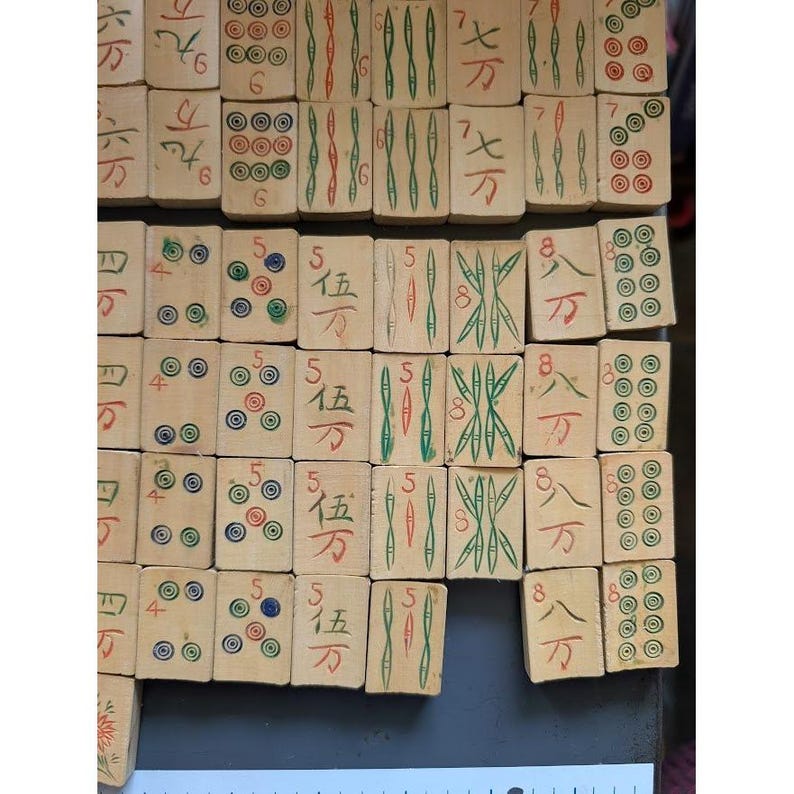 Antique 20s Admiral Mahjong Set Bone Bamboo Tiles Sticks Tin Box Hand Carved image 10