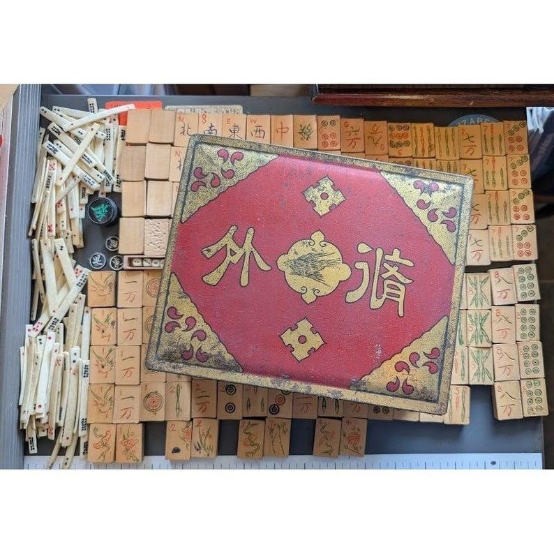 Antique 20s Admiral Mahjong Set Bone Bamboo Tiles Sticks Tin Box Hand Carved image 2