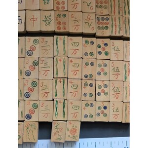 Antique 20s Admiral Mahjong Set Bone Bamboo Tiles Sticks Tin Box Hand Carved image 11