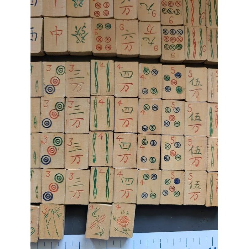Antique 20s Admiral Mahjong Set Bone Bamboo Tiles Sticks Tin Box Hand Carved image 11