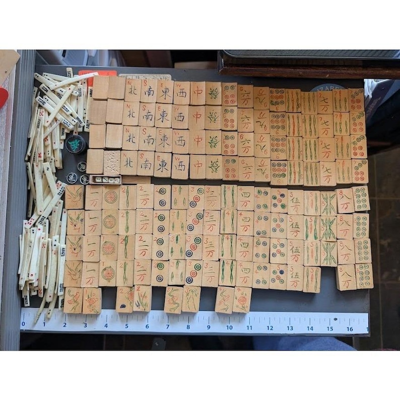 Antique 20s Admiral Mahjong Set Bone Bamboo Tiles Sticks Tin Box Hand Carved image 4