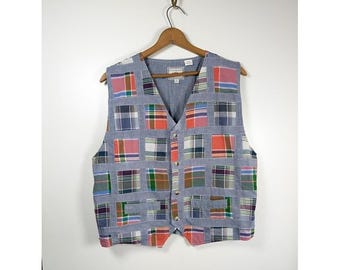 Vintage Cottagecore Chambray Vest Womens Size Large Plaid Madras Patchwork Artsy
