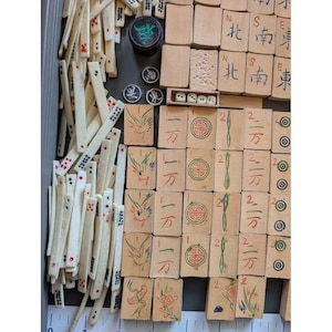 Antique 20s Admiral Mahjong Set Bone Bamboo Tiles Sticks Tin Box Hand Carved image 14