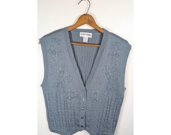 Beaded Sweater Vest Medium Cable Knit Cottagecore Embroidered 90s Floral Wool