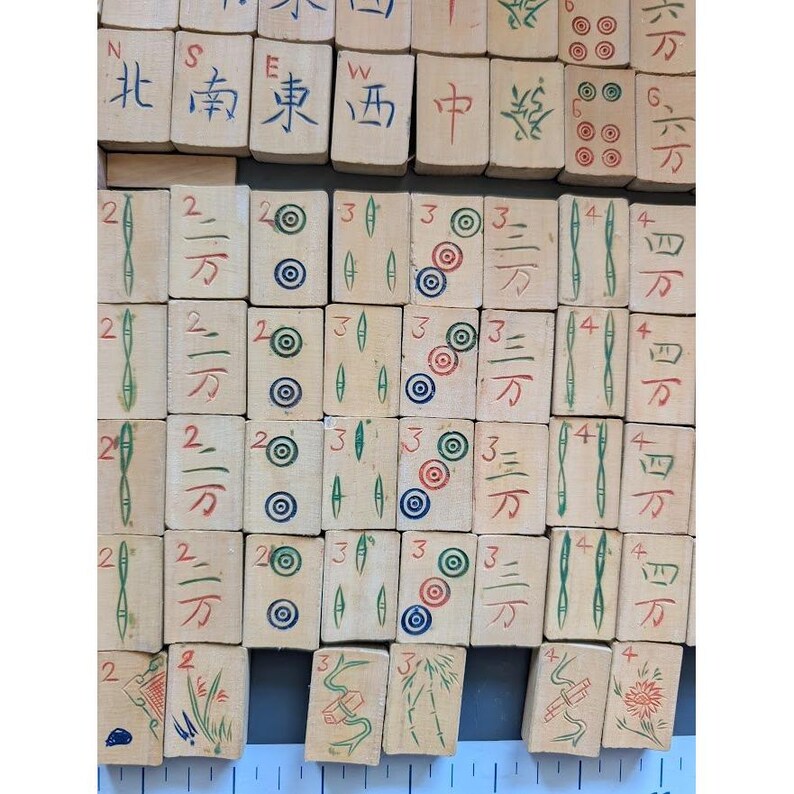 Antique 20s Admiral Mahjong Set Bone Bamboo Tiles Sticks Tin Box Hand Carved image 12