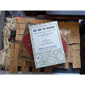 Antique 20s Admiral Mahjong Set Bone Bamboo Tiles Sticks Tin Box Hand Carved image 19