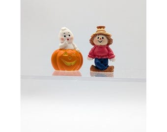 2 Set Vintage Russ Berrie  Mini 1.5" Halloween Figurine Ghost Pumpkin Scarecrow