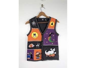 Chaleco de punto Holiday Editions para mujer, talla pequeña, con bordado de fantasma y bruja de Halloween.