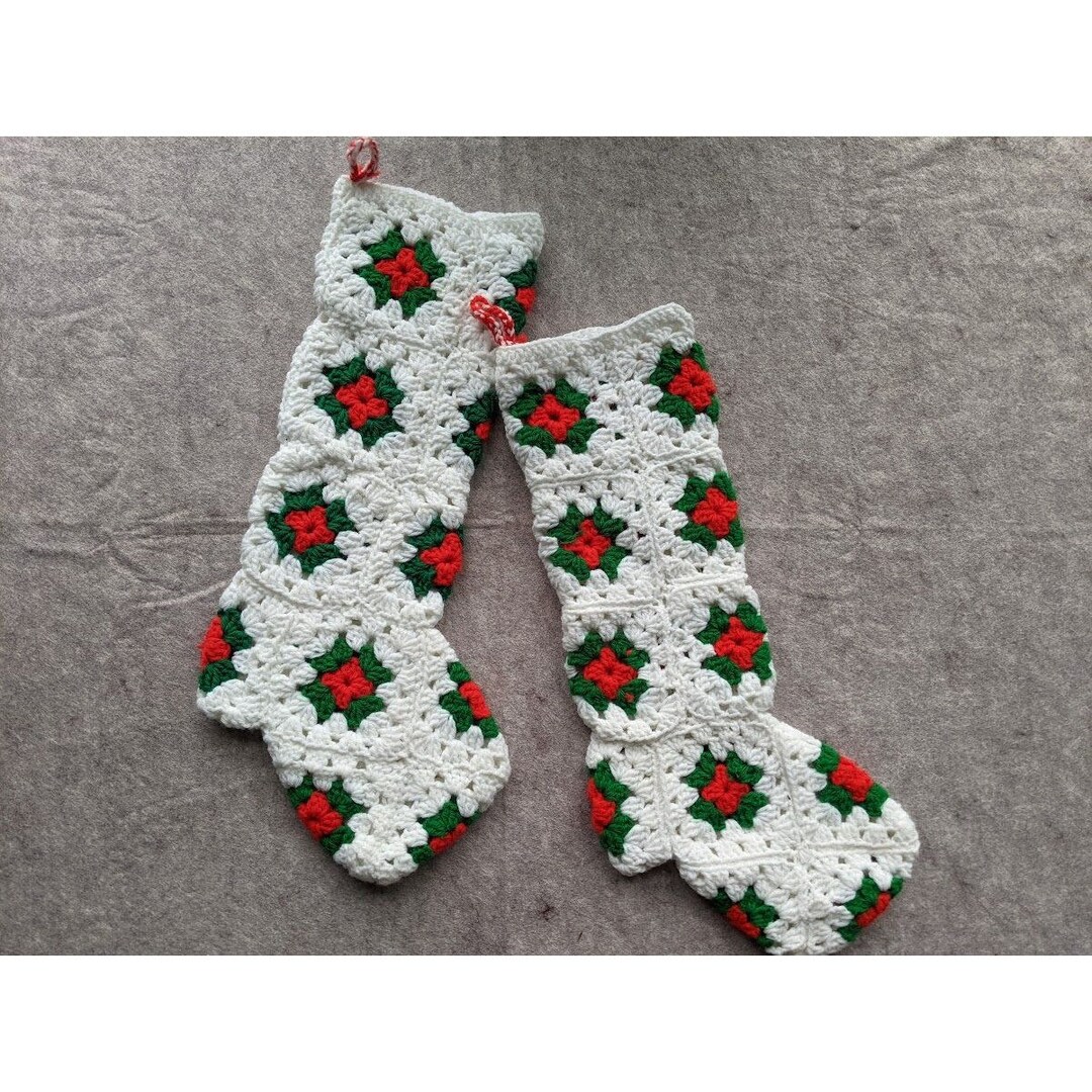 Vintage Crochet Christmas Stocking Handmade Granny Square Etsy