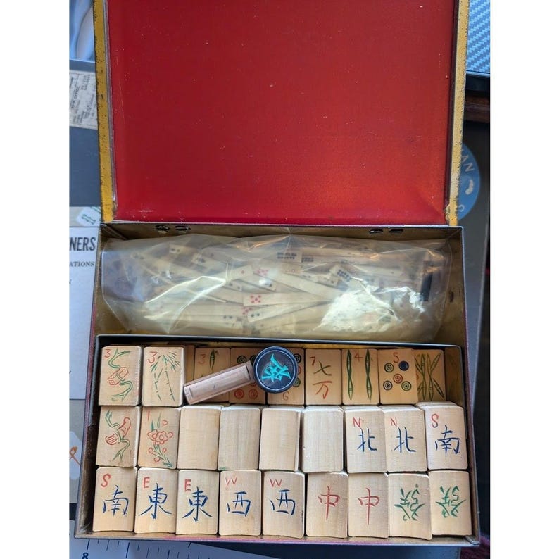 Antique 20s Admiral Mahjong Set Bone Bamboo Tiles Sticks Tin Box Hand Carved image 17