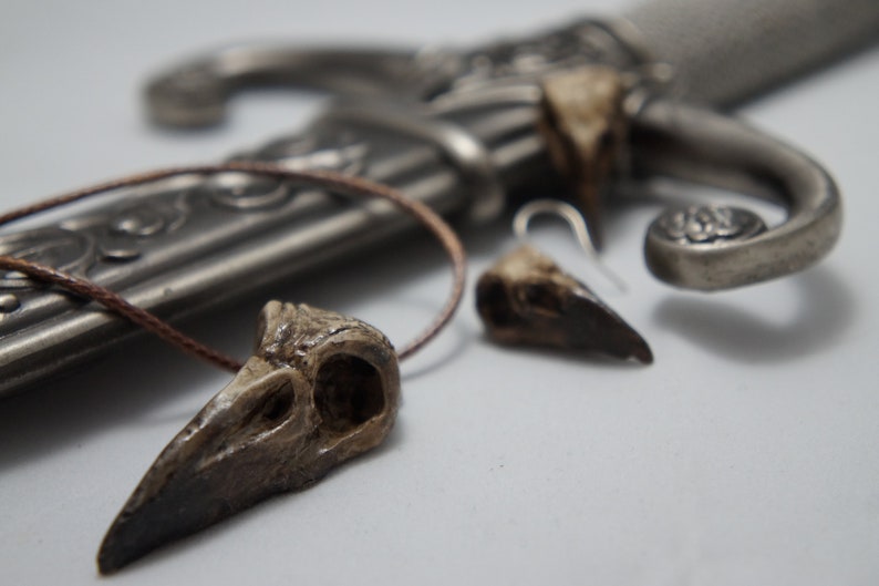 Quoth the Raven Hand-sculpted Polymer Clay Raven Skull Pendant and Earring Set OOAK