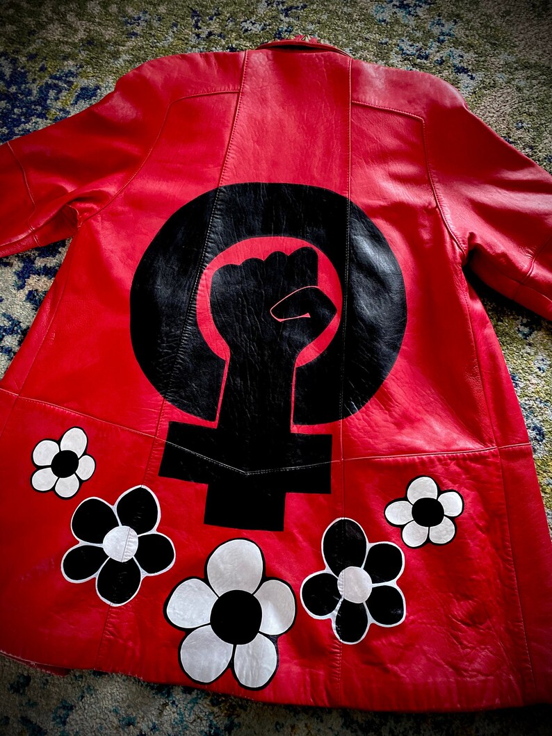 Hand Painted FEMALE POWER Fist Studded Collar 80s Vintage Red Leather Trench