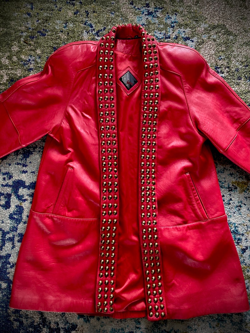 Hand Painted FEMALE POWER Fist Studded Collar 80s Vintage Red Leather Trench