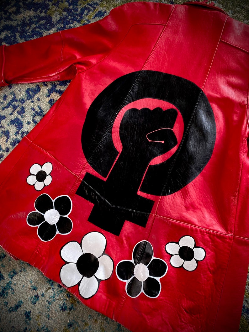 Hand Painted FEMALE POWER Fist Studded Collar 80s Vintage Red Leather Trench