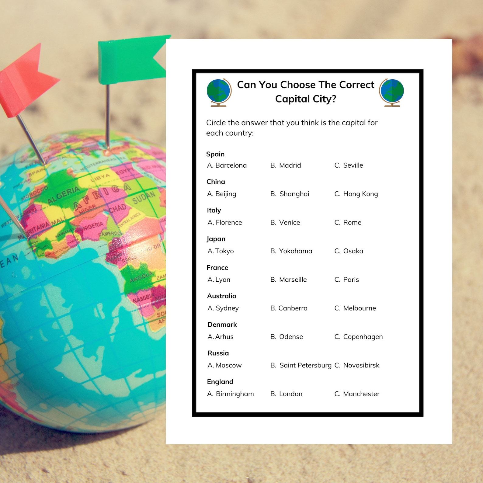 Capital Cities Worksheet Printable Geography Activity Quiz - Etsy New ...