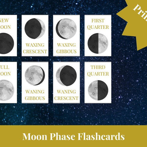 Moon Printable Flashcards For Children - Moon Phases Printable - Moon Printable - Lunar Cycle - Astronomy Cards