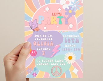 Groovy 7th Birthday Invitation Girl, Pastel Colorful Invite (Canva Template, Digital Download)