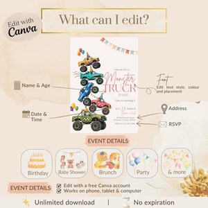 May include: A digital invitation template featuring a stack of five colorful monster trucks wearing party hats, with text reading "Join us for a Monster Truck BASH, Tom is turning 5, SAT 23 MARCH, Three o'clock, 12 Mud Truck Lane, Monster Arena, 678910, RSVP to 123-456-7890."
