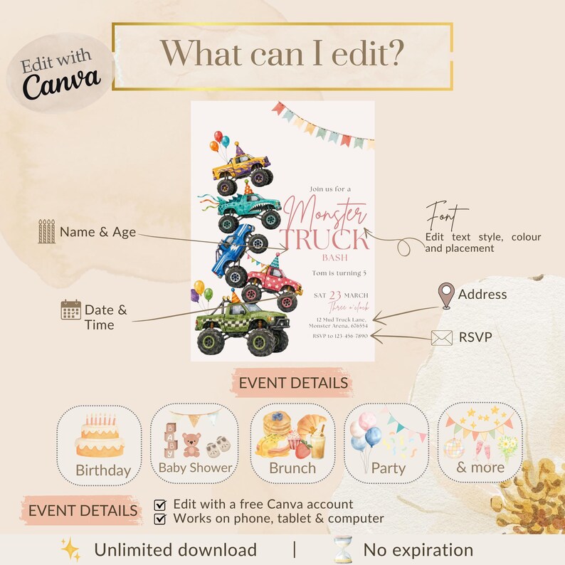May include: A digital invitation template featuring a stack of five colorful monster trucks wearing party hats, with text reading "Join us for a Monster Truck BASH, Tom is turning 5, SAT 23 MARCH, Three o'clock, 12 Mud Truck Lane, Monster Arena, 678910, RSVP to 123-456-7890."