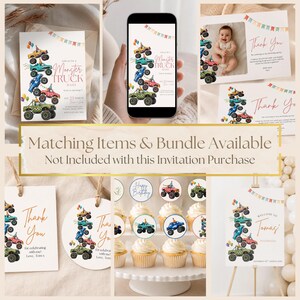 May include: A collection of monster truck themed party stationery including invitations, thank you cards, cupcake toppers, and signage. Each item features a stack of colorful monster trucks, party balloons, and bunting banners.