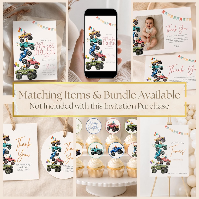 May include: A collection of monster truck themed party stationery including invitations, thank you cards, cupcake toppers, and signage. Each item features a stack of colorful monster trucks, party balloons, and bunting banners.