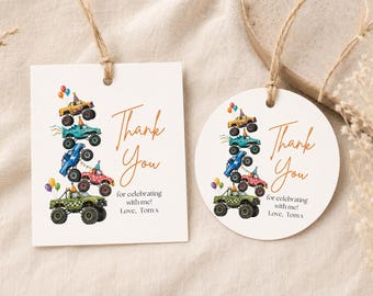 Editable Monster Truck Thank You Tags, Favor Tags, Birthday Gift Tags, Set of 4 (Editable Canva Template, Digital Download)