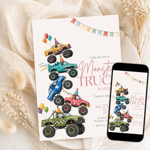 May include: A birthday invitation card featuring a vertical stack of five colorful monster trucks with party hats and balloons. The text reads Join us for a Monster Truck Bash, Tom is turning, Sat 23 March, and 12 Mud Track Lane. A smartphone displays the same design.