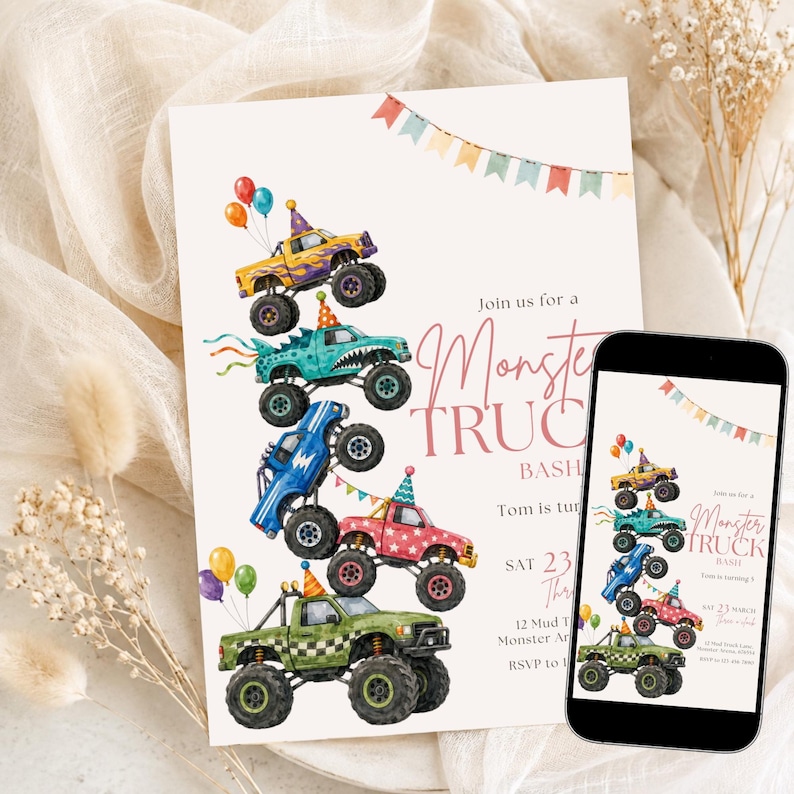 May include: A birthday invitation card featuring a vertical stack of five colorful monster trucks with party hats and balloons. The text reads Join us for a Monster Truck Bash, Tom is turning, Sat 23 March, and 12 Mud Track Lane. A smartphone displays the same design.