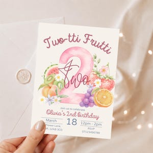 Two-tti Fruity 2nd Birthday Invitation, Editable Canva Fruit Birthday Invite, Tutti Fruit theme party (Canva Template, Digital Download)