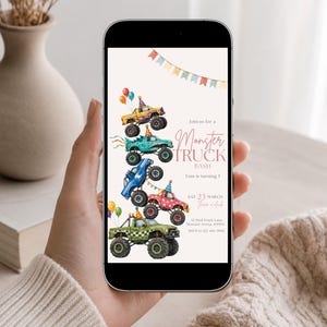 May include: A digital invitation displayed on a smartphone screen featuring a stack of five colorful monster trucks with party hats and balloons. The text reads Join us for a Monster Truck Bash, Tom is turning 5, SAT 23 MARCH, and event details.