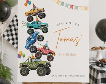 Monster Truck Welcome Sign Template, Monster Truck Decor (Canva Template, Digital Download)