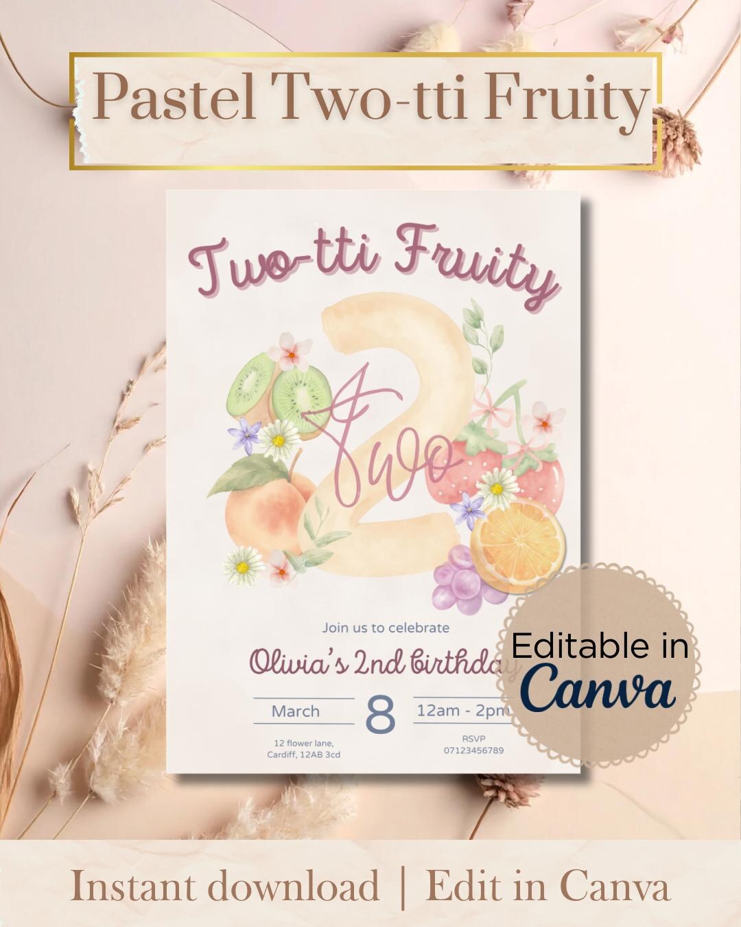 Muted Two-tti Fruity 2nd Birthday Invitation Template, Soft Pastel Boho ...