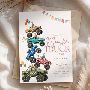 Printable Monster Truck Invite, Watercolour Stacked Monster Truck Birthday, racing party (Digital Download, editable Canva) image 9