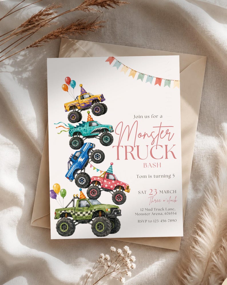 Printable Monster Truck Invite, Watercolour Stacked Monster Truck Birthday, racing party (Digital Download, editable Canva) image 9