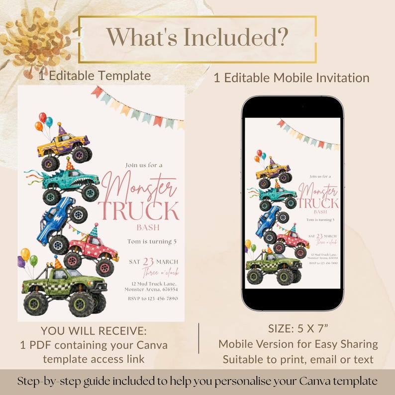 Printable Monster Truck Invite, Watercolour Stacked Monster Truck Birthday, racing party (Digital Download, editable Canva) image 4